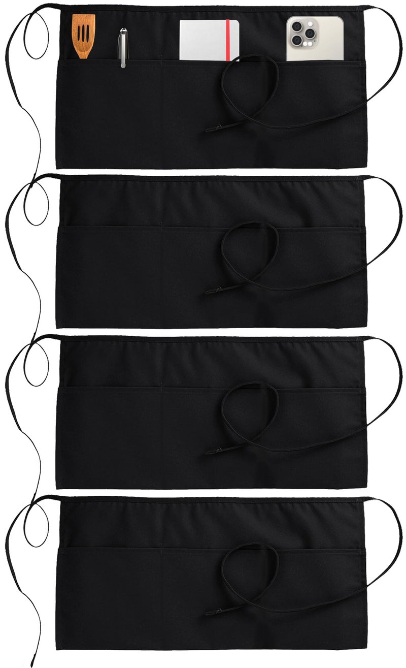 Utopia Wear 4 Pack Server Apron with 3 Pockets, Waist Apron for Waiter Waitress, 12 Inches, Black - Image 1